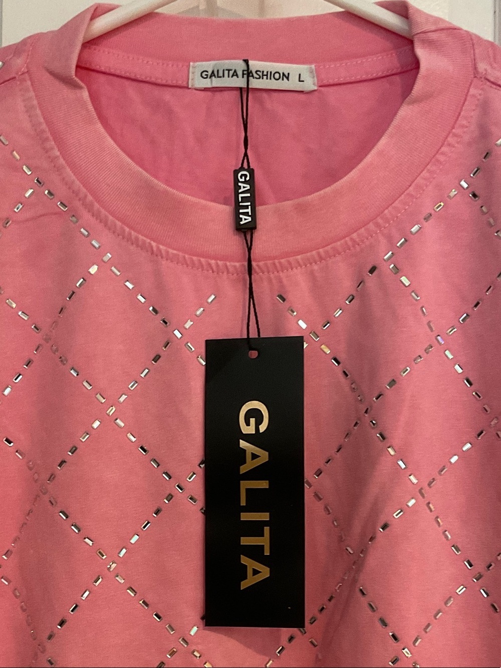 Cropped Pink Short Sleeve Top with Diamond Foil Accents - Picture 2 of 4